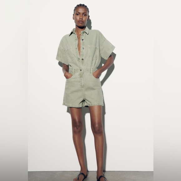 Zara romper jumpsuit denim jeans olive green - Picture 4 of 11